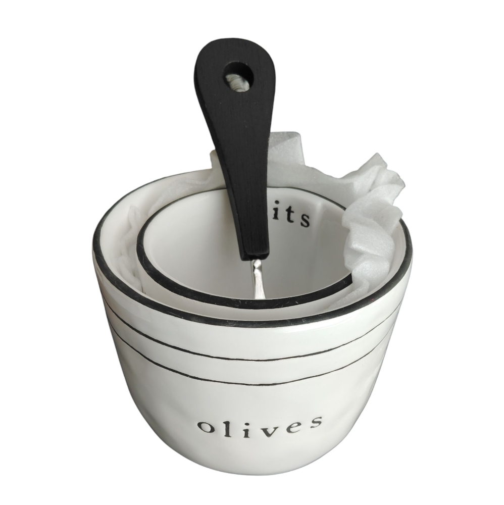 Mud Pie Ceramic Olive Bowl Set with Black Spoon NWT